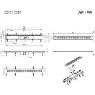 Душевой лоток AM.PM PrimeFlow 70 W02SC-P11-070-01SB с решеткой Хром матовый Cut Gradient